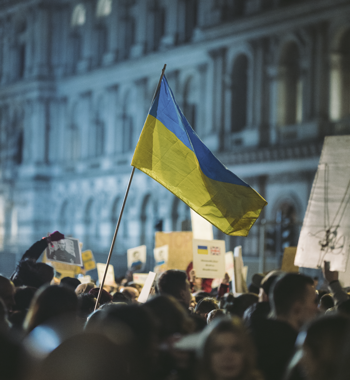 The Ukranian flag held aloft at a protest