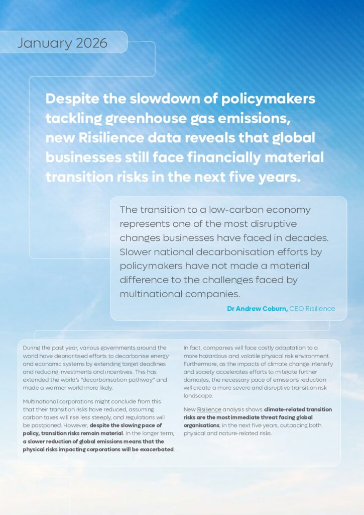 A title page for a Risilience report dated January 2026, headlined: 'new Risilience data reveals that global businesses still face financially material transition risks in the next five years.' It includes a quote from CEO Dr Andrew Coburn on the disruptive nature of the low-carbon transition.